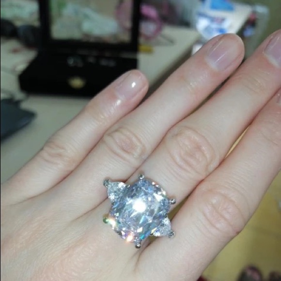 5Ct Cushion Long Cut Swarovski 3-Stones Solitaire Ring - Picture 7 of 13